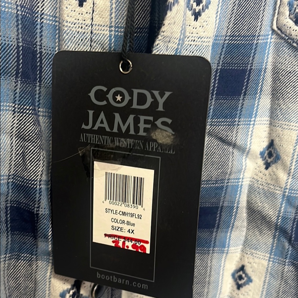 NWT Men’s Cody James (Bootbarn) Blue Plaid Snap Long Sleeve Shirt 4X - Picture 4 of 7